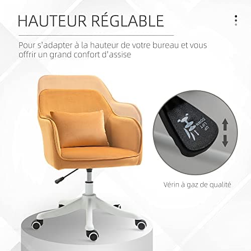 HOMCOM Chaise de Bureau Velours Fauteuil Bureau massant Coussin Lombaire intégré Hauteur réglable pivotante 360° Jaune