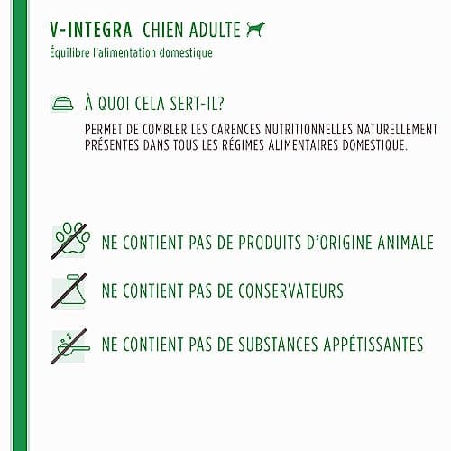 V-INTEGRA Chien Adulte - Supplément Complet Riche en vitamines et minéraux pour la Ration ménagère et Barf des Chiens Adultes - 500 g - Produit en Italie
