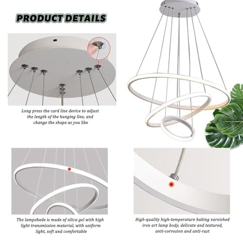 LED Suspension Luminaire 76W Lampe Suspendue à Dimmable, Lustre Chambre Réglable en Hauteur, Moderne Plafonnier LED Suspension pour Salle à Manger Salon Cuisine, 3Ring Φ20+40+60cm (Blanc)