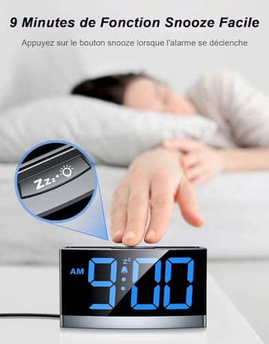 Rolgno Reveil Matin Numérique, Horloge Digitale avec Chiffres LED Bleus, Réveil Enfant & Ado Alarm Clock avec 5 Luminosité & Volume, 3 Tonalités reveille, Snooze, 12/24H, Alimenté USB(SANS Adaptateur)