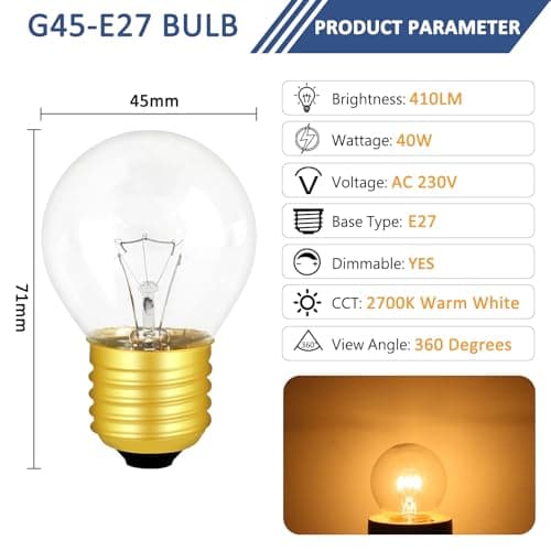 Caldarax Ampoule de Four Dimmable, Edison E27 G45, 71MM * 45MM, Résistant Jusqu'à 300 Degrés, 410LM, AC 220V, 2700K Blanc Chaud, Ampoule P45, pour Four, Fours Grill, Lampes à Lave, Lot de 2