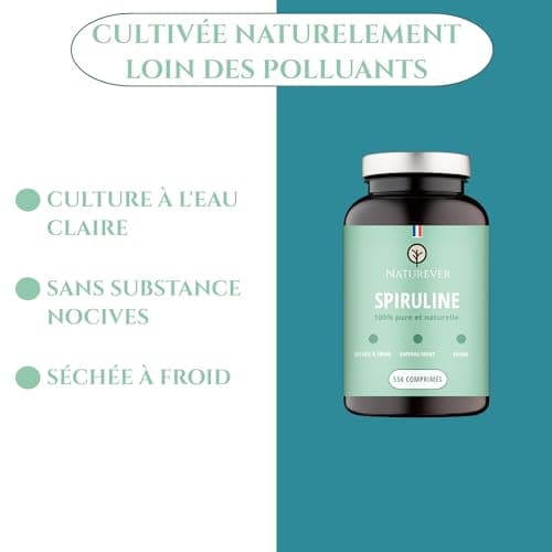 Spiruline - Naturever - Qualité supérieure, 100% pure et naturelle, sans excipients, séchée à froid, 22% de Phycocyanine, 550 cpr Vegan 500mg, Protéine, Fer, Antioxydants - Conditionnée en France