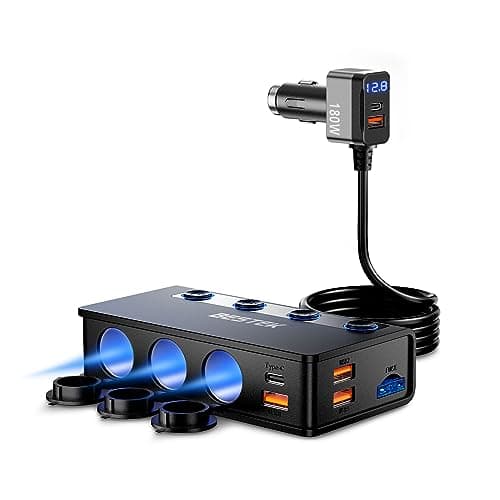 BESTEK Chargeur de Voiture 180W USB-C PD USB QC3.0, 3 Prises Adaptateur Allume Cigare USB 12V/24V avec 6 Ports USB avec Affichage LED pour iPhone Dash Cam