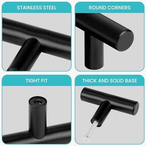 BELLE VOUS (Lot de 20 Poignée Meuble de Cuisine - Bouton De Meuble en T de 50 mm en Acier Inoxydable Noir - Bouton de Porte, Tiroirs, Armoires, Meubles, Chambre à Coucher, Penderies & Meubles