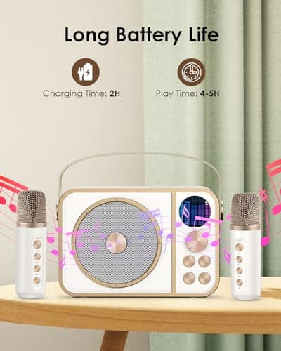 Machine de Karaoké avec 2 Micro sans Fil, Haut-Parleur Bluetooth Portable, Dispose 7 Effets Sonores, pour Fête et Voyage-Blanc