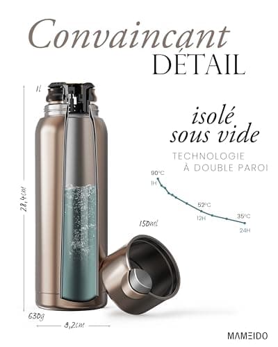 MAMEIDO Bouteille Isotherme 1l avec Mug en Acier inox, Gourde Isotherme 1l chaude 12h, Thermos 1l étanche 100% sans BPA, café et thé pour la route (Taupe Grey Gold, 1000ml)