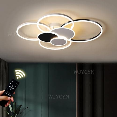WJYCYN Dimmable Grand salon lampe LED 7Ring Blanc & Noir Plafonnier chambre à coucher modernes avec télécommandes Eclairage de plafond Métal Acrylique Plafonnier Bureau Salle à manger 7 flammes 100W