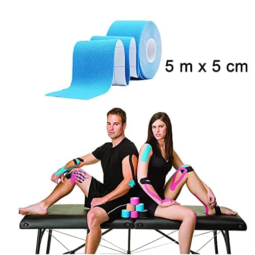CareHabi - Bande de kinésiologie de sport pour les muscles, 5 m x 5 cm, 3 rouleaux (1 x bleu, 1 x rose, 1 x noir), bande de kinésiologie étanche & élastique pour le sport