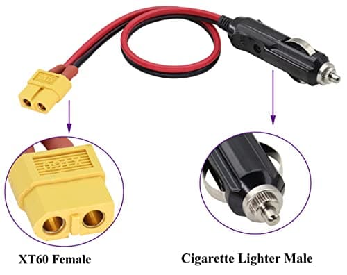 AAOTOKK (2Pack 16AWG XT60 to Cigarette Lighter Cable,12V Cigarette Lighter Male Plug to XT60 Female Adapter Extension Cable compatible for Freestyle Fpv Drones Battery Charging Cable.(0.3m/1ft-F)