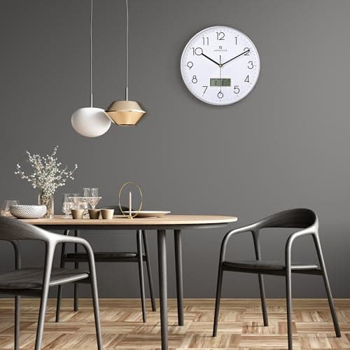 Lafocuse Horloge Murale Calendrier LCD avec Date Thermomètre, Moderne Silencieuse Pendule Murale Argent, Quartz sans Tic-tac Déco pour Salon Chambre Bureau Cuisine 30cm