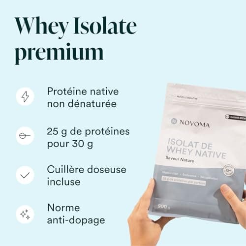 NOVOMA Whey Isolate Native, Protéine Pure Non Dénaturée, 25g de Protéines par Portion, Saveur Nature, Musculation et Récupération, 30 Portions, Sachet 900g, Fabriqué en France