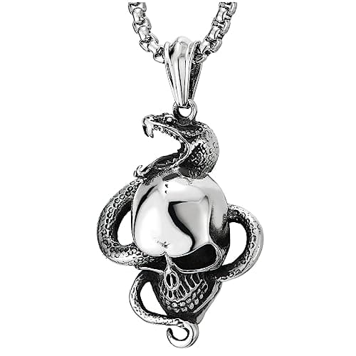 COOLSTEELANDBEYOND Collier Pendentif en Acier pour Homme de Style Punk Rock avec Tête de Serpent et Crâne, Chaîne de Blé de 76 Cm