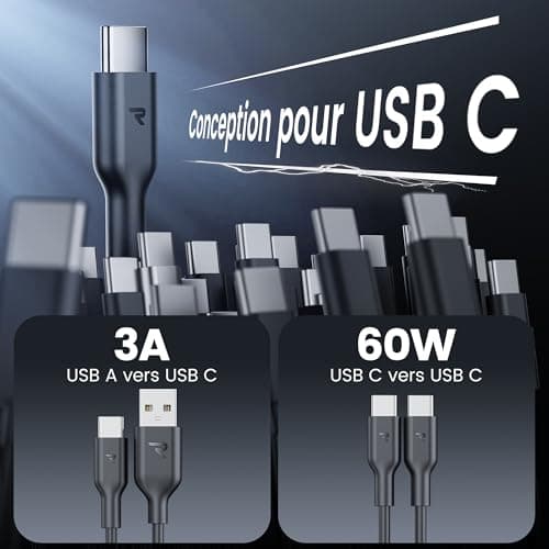 RAMPOW Cable USB C, [4Pack 1M] 2*Cable USB C vers USB C & 2*Cable USB vers USB C Charge rapide PD3.0, Cable iPhone 16, Cable iPhone 15 avec puce E-Mark pour iPhone 16/15, Macbook, iPad, Samsung