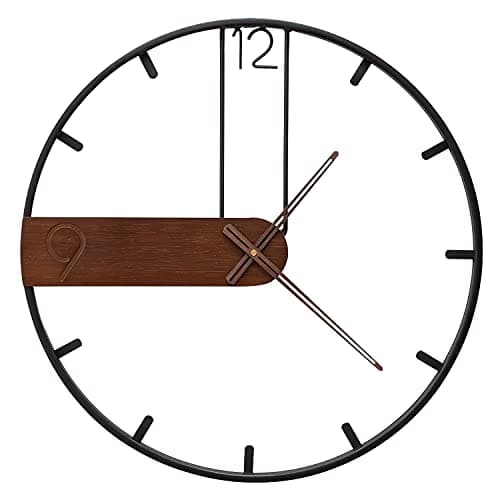 Yumyolk Horloge Murale à Cadre Rond Noir 60cm Mains en Bois Brunes Silencieuse Design Moderne Pendules murales pour la Décoration d'art de Bureau de Salon de Chambre à Coucher