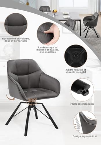 WOLTU Chaise Pivotante à 360°, Lot de 4, Chaise Salle à Manger, Chaise Scandinave, Chaise de Cuisine, Fauteuil Salle à Manger, en Velours, Assise Rembourrée, Pieds en Métal, Gris Foncé, BH365dgr-4