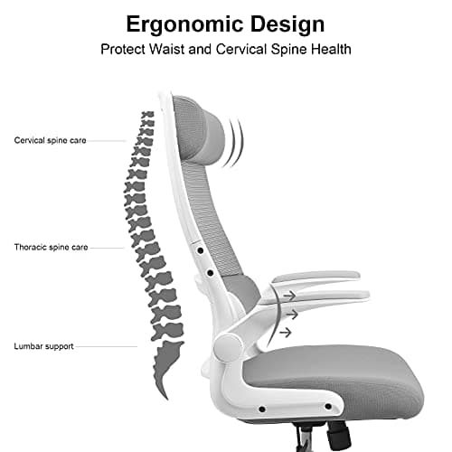 MELOKEA Chaise de Bureau Ergonomique avec Accoudoirs Rabattables,Fauteuil de Bureau Confortable avec appuie-tête réglable et Support Lombaire, Hauteur Réglable, Gris