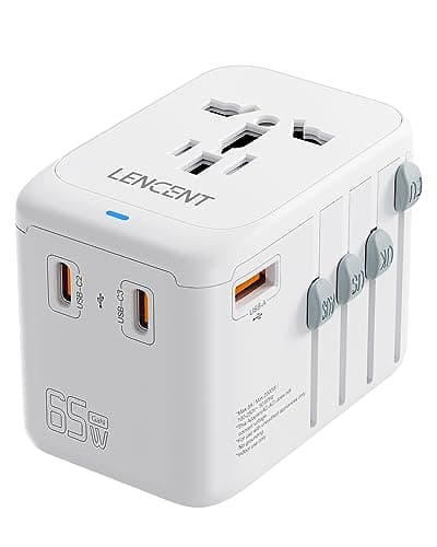 LENCENT Adaptateur Prise Universelle 65W, 3 Type-C+1 USB Chargeur Rapide Voyage, Chargeur Universel de téléphone avec Prise Internationale pour Phone, PC, UK US EU AUS Blanc