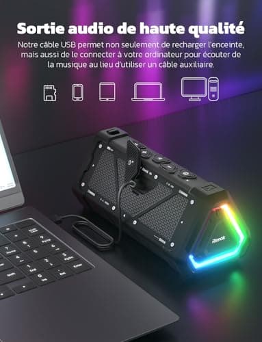 RIENOK S11 Enceinte Portable Bluetooth aux Basses Renforcées, 3 Modes d'Égaliseur, Mode USB, Bluetooth 5.3, 30W Enceinte Puissante, IPX7, TF Carte, Soirées Plage, Randonnées, Voyage, Noir