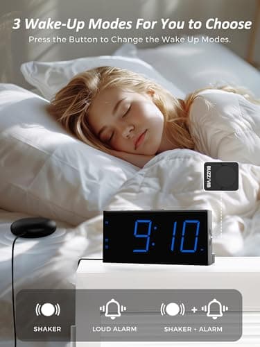 Réveil Extra Fort avec Secoueur de Lit, Réveil Vibrant à LED 7'' pour Sourd et Malentendant, Gros Dormeur, Réveil Double, Lumineux à 5 Niveaux, Snooze, Charger USB, Variateur d'Intensité, 12/24 H