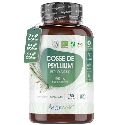 Psyllium Blond Bio 180 Gélules (3 Mois) - Téguments purs à 99%, Transit & Digestion - Source de Fibres prébiotiques - 1400mg de Psyllium Husk - Alternative au Psyllium en poudre - Fabriqué en UE