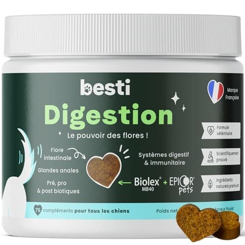 BESTI - Digestion | 75 Compléments Alimentaires Premium pour Chiens | Probiotiques, Prébiotiques, Postbiotiques | Flore Intestinale | Marque Française - Formule Vétérinaire | Au Poulet | 300 GR