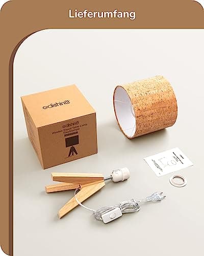 EDISHINE Lampe de Chevet en Bois, E27 Douille, Trépied Vintage, Ampoule Incluse, 36 x 20 x 20 cm, Lampe de Table Moderne pour Chambre à Coucher, Salon, Hôtel, Abat-jour en Lin Gris