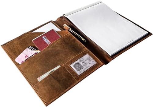 Porte-documents en cuir par Rustic Town | Conférencier A4 pour homme et femme | Porte-documents en cuir durable fait à la main avec 3 + 1 pochettes pour documents et bloc-notes