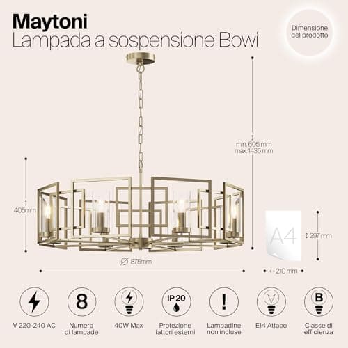 MAYTONI DECORATIVE LIGHTING Suspension classique, cadre en métal doré, abat-jour transparent, hauteur réglable, 8 ampoules, 8 ampoules E14 40 W non incluses