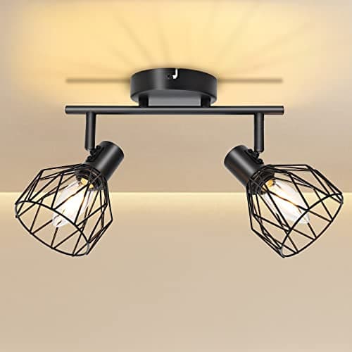 KYOTECH Plafonnier LED 2 Spots Pivotants & Orientables Rétro en Métal Noir Cage Spots de plafond Applique murale Noir Douille E14,Spot pour Cuisine Chambre Coucher,livré sans ampoules