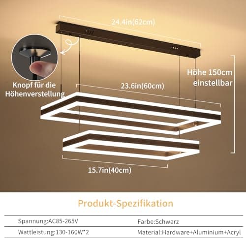 Mikeru 40+60cm Lampe Pendante Double Rectangulaire, Luminaires Suspendus De Salon 3000k/4500k/6000k Avec Télécommande 10%-100% Lustre Moderne à Intensité Variable Pour le Salon
