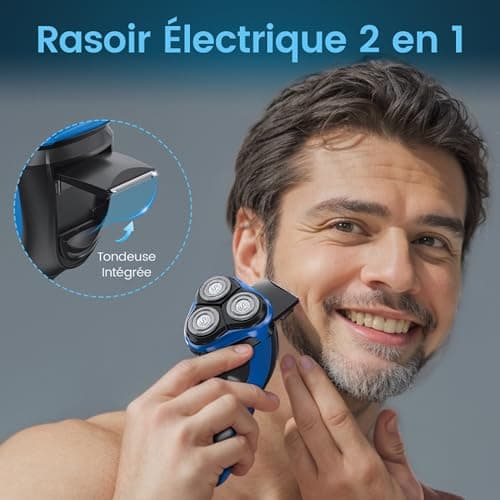 SweetLF Rasoir Electriques Hommes, Rasoir 2 en 1 2024, Tête Flottante 4D, Autonomie de 120 Mins, Longue Durée de Vie, Étanchéité IPX7, Utilisable à Sec et Sous L'eau, Écran LED (Bleu Foncé)