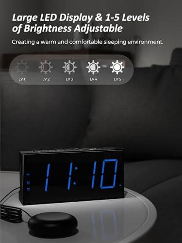 Réveil Extra Fort avec Secoueur de Lit, Réveil Vibrant à LED 7'' pour Sourd et Malentendant, Gros Dormeur, Réveil Double, Lumineux à 5 Niveaux, Snooze, Charger USB, Variateur d'Intensité, 12/24 H