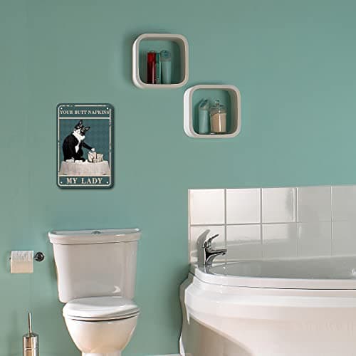 CREATCABIN Salle de Bain Chat Noir Plaque en Métal en Fer Blanc Affiches Vos Serviettes My Lady Art Print Rétro Vintage Étanche pour Toilettes Toilettes Mur Maison Maison Cafés Bar Cadeau Plaque Décor