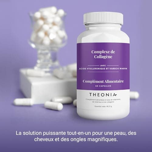 Complexe de collagène Theonia 60 capsules, acide hyaluronique et varech marin, vitamine E, C, biotine, ongles sains, peau, métabolisme des articulations des cheveux, supplément marin de type 1