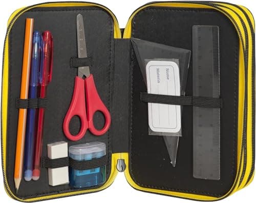 Clondo Trousse Triple Remplie Enfants, pour Ferrari Fans, 45 Accessoires Scolaires, 3 Fermetures Éclair, Compartiments Organisés, Crayons de Couleur, Feutres, Ciseaux