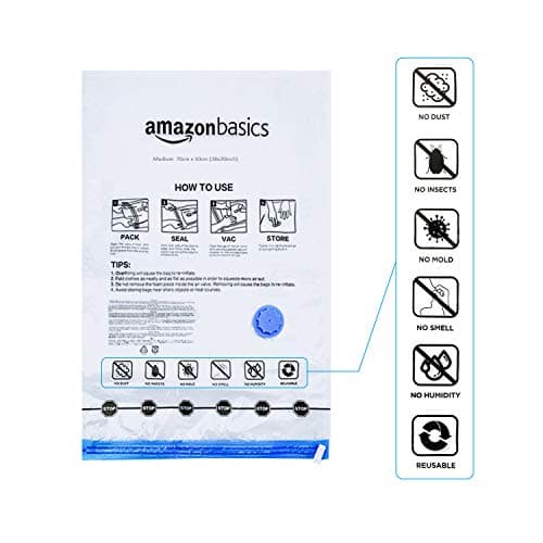 Amazon Basics housses de rangement sous vide avec pompe manuelle, Fermeture éclair, 5 pièces, Taille L, Clair