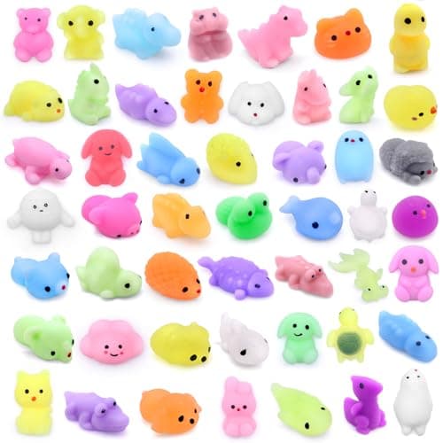 HOVIBU 50 Pièces Kawaii Mochi Squishy Toys, Mignon Mini Squishies Squeeze Animaux Jouets Anti Stress, pour Cadeau d'anniversaire, Fête d'enfant Cadeau de Noël Pâques