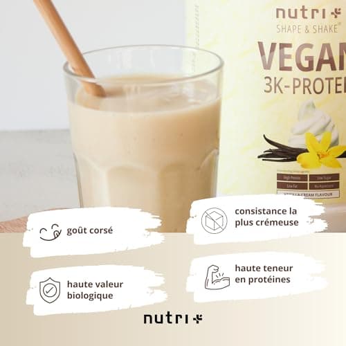 Nutri + Vegan Protein Vanilla 1kg - 81% de protéines - pour la croissance musculaire - Nutri-Plus Shape & Shake 3K Vanille - poudre de protéines végétales pois, soja et tournesol