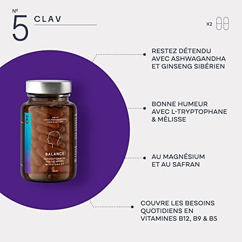 N°5 BALANCE - Diminue Stress et Anxiété - Ashwagandha, Safran, Rhodiola, Magnésium, Vitamine B5 - Anti Stress Naturel - 60 Gélules - 30 jours de Relaxation