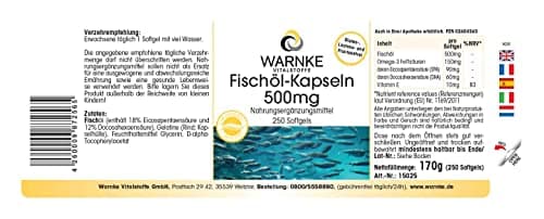 Gélules d'Huile de Poisson 500 mg - 250 gélules molles - 30% d'omega-3 (EPA et DHA) | Warnke Vitalstoffe - Qualité des pharmacies allemandes