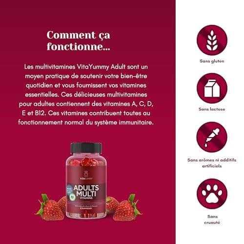 Gommes vitaminées Multivitaminés VitaYummy au Goût Fraise pour Adultes - Oursons Gélifiés Végétaliens en Supplément Alimentaire -Vitamine A,C,D,B12 et Zinc, Soutient le Système Immunitaire, 60 bonbons