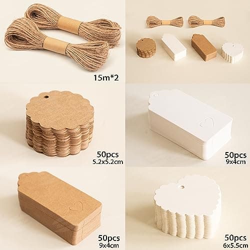 Étiquette cadeau 200PCS étiquette en papier kraft de brun et blanc,Étiquettes vierges en rectangulaire en forme de cœur de ronde,étiquette pour mariage cadeau Noël party,30m Ficelle de jute