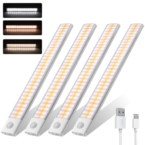 4pcs Lampe Detecteur de Mouvement Interieur Lumiere Led Sans Fil Reglette Cuisine Escalier sous Meuble Rechargeable USB Placard Avec Détecteur Lumière Armoire Eclairage Réglette Intérieur 60LED 30cm