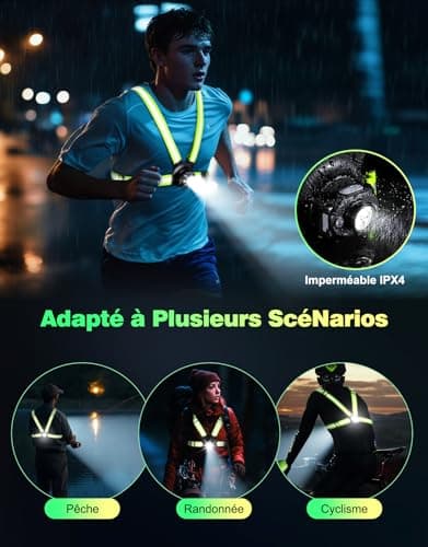 ISEYOU Lampe Running, 500 Lumens Lampe Course a Pied Rechargeable par USB, Réglable à 45°, Étanche IPX4 Lampes Pectorale Running avec Double Sangle Bandes Réfléchissantes pour Jogging Sports Extérieur