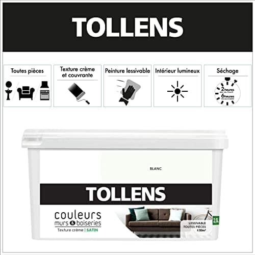 Tollens - Peinture Couleurs - Murs et Boiseries - Toutes pièces - Ultra résistante - Satin - Blanc - 2,5L = 30m2