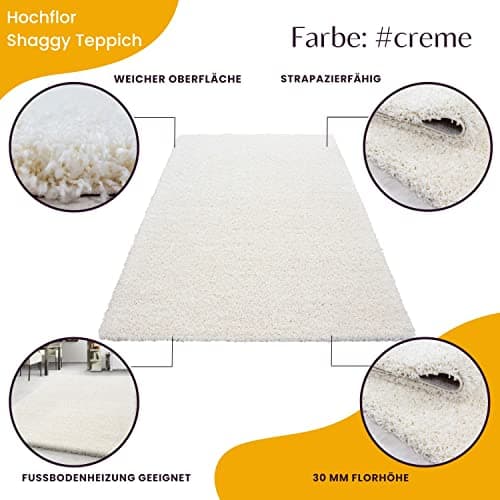 Teppium Tapis de salon moderne à poils longs - 140 x 200 cm - Crème - Moelleux - Facile d'entretien - Pour chambre à coucher, cuisine et salle à manger