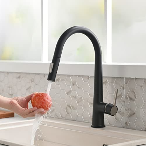TIMACO Robinet de cuisine noir haute pression extensible pivotant à 360 °, mitigeur de cuisine avec douchette, deux motifs d'écoulement