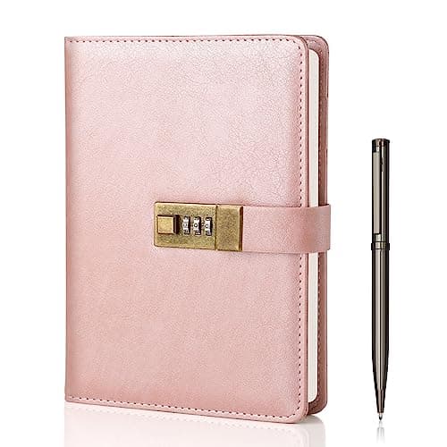 WEMATE Journal Intime Code, A5 Journal en Cuir PU avec 240 Pages, Vintage Diary Avec Serrure,Journal Intime Garçon Fille,Convient aux élèves de Bureau et D'école,8.6 x 5.8 Pouces,Or Rose