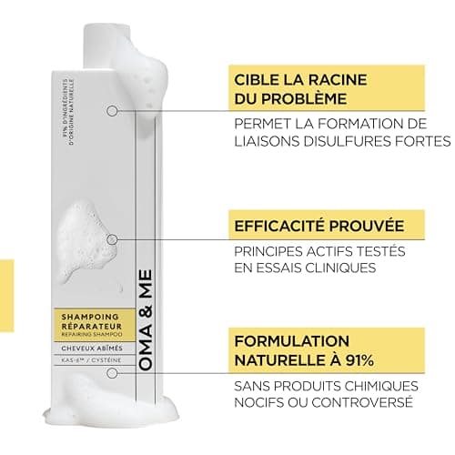 OMA & ME Shampoing Réparateur Cheveux Abîmés - Répare et Revitalise les Cheveux Abîmés, Ternes ou Fragilisés - Soin Cheveux 91% d'Ingrédients d'Origine Naturelle, Fabriqué en France - 250ml