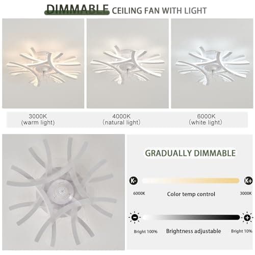 Créativité Ventilateur De Plafond Silencieux Avec Lumiere Et Telecommande Réversible 6 Vitesses Lustre Ventilateur LED Dimmable Timer Lampe Ventilateur Plafond Avec Fonction Mémoire-White